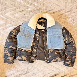 AKIRA Camouflage Bomber Jacket with Denim and Cream Accents